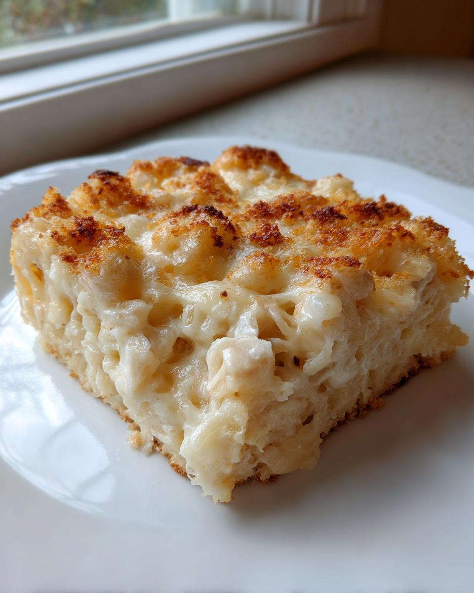 A square slice of creamy, baked cheesy chicken and rice casserole with a golden-brown, bubbly topping served on a white plate.