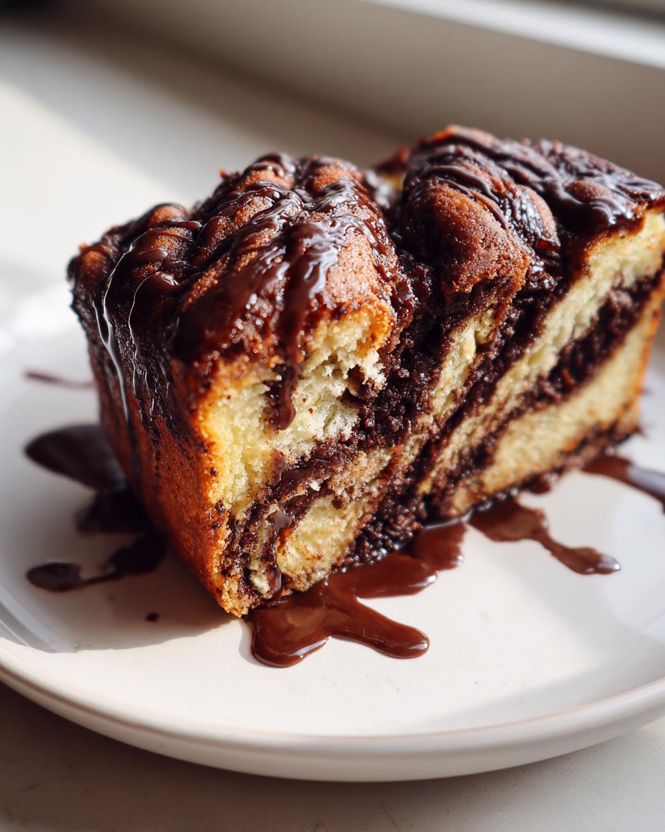 Close-up of a moist slice of chocolate babka showing rich swirls and a decadent chocolate drizzle.