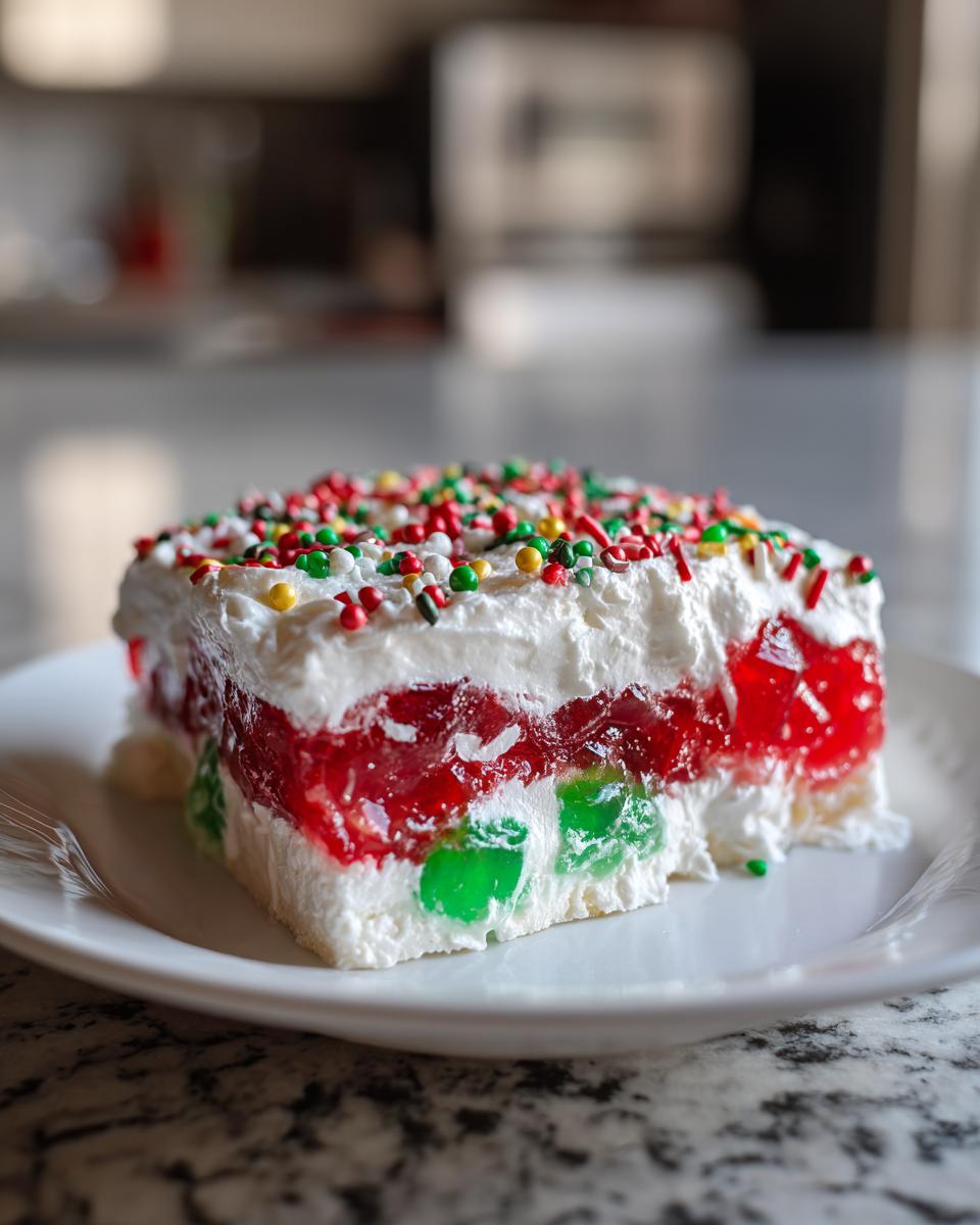 A square slice of moist christmas poke cake layered with red and green Jello, topped with whipped cream and holiday sprinkles.