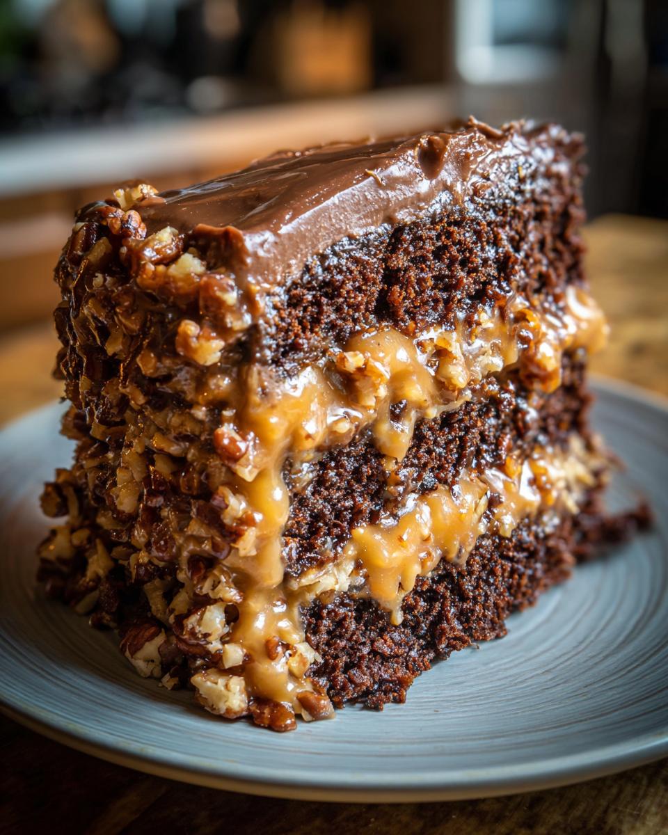 A tall, moist slice of german chocolate cake layered with gooey caramel filling and covered in pecans.