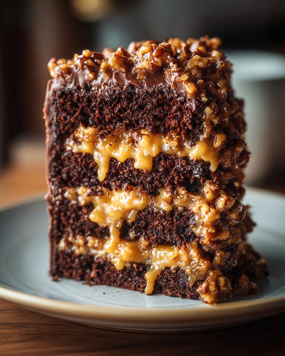 A decadent slice of multi-layered german chocolate cake featuring dark chocolate sponge and gooey coconut-pecan filling.