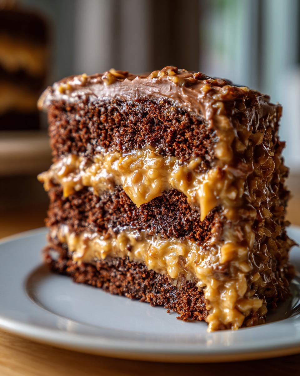 A decadent slice of three-layer german chocolate cake featuring moist dark layers and oozing coconut-pecan frosting.