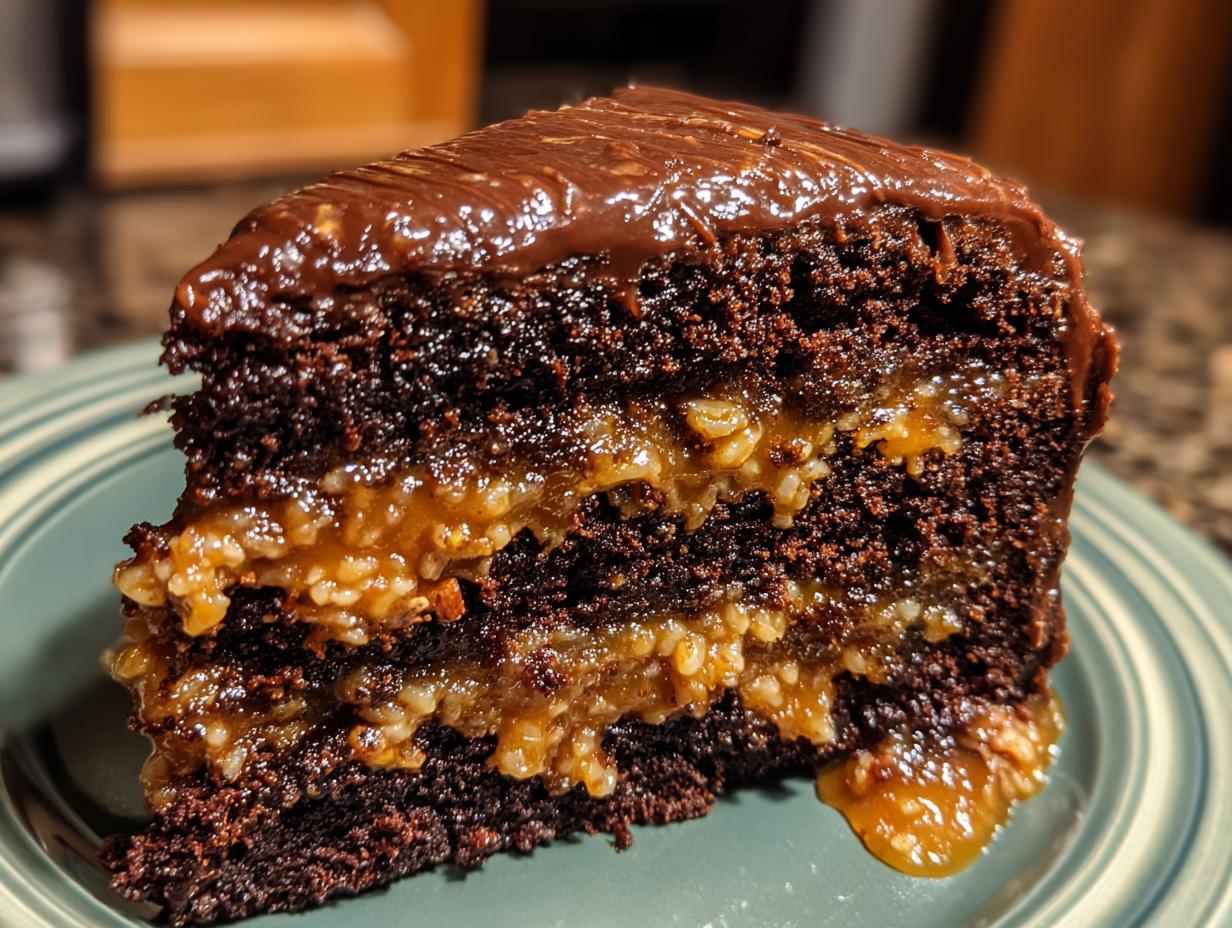 Close-up of a decadent slice of german chocolate cake showing dark layers and gooey coconut pecan filling.