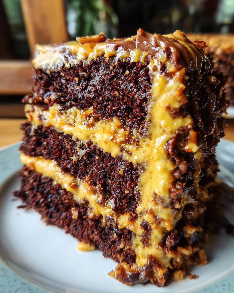 Close-up of a moist slice of german chocolate cake layered with gooey pecan coconut frosting.