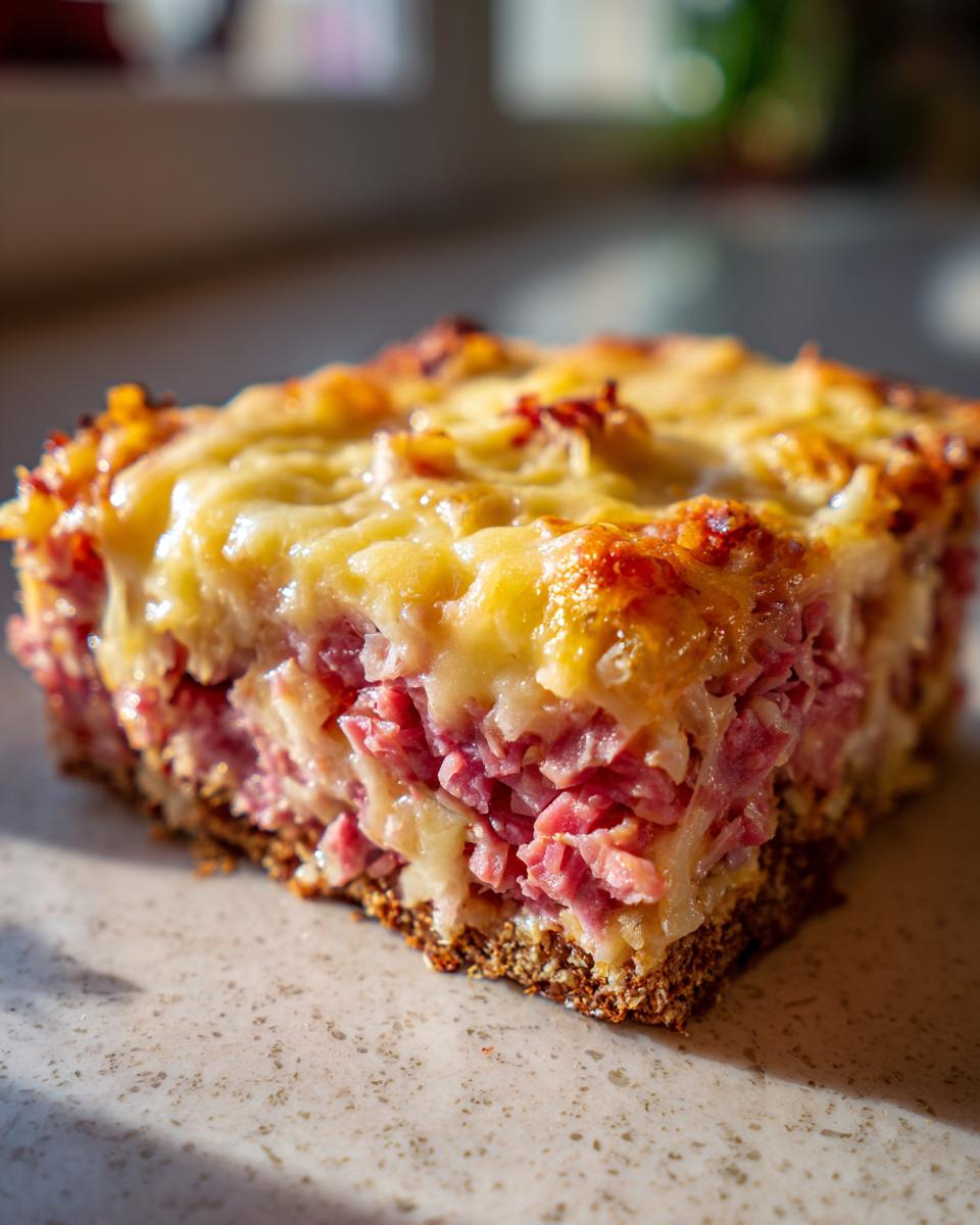 Close-up of a square slice of homemade reuben bake with melted cheese topping and corned beef filling.