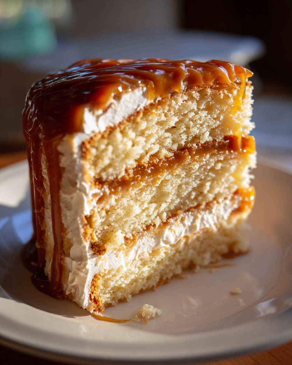 Close-up of a moist slice of layered caramel cake with white frosting and rich caramel sauce dripping down the side.