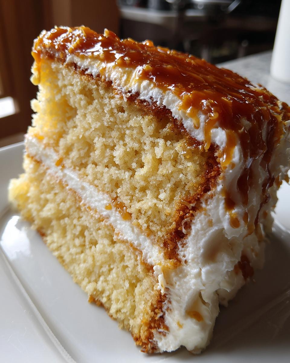 Close-up of a moist slice of layered caramel cake with white cream frosting and rich caramel drizzle on top.