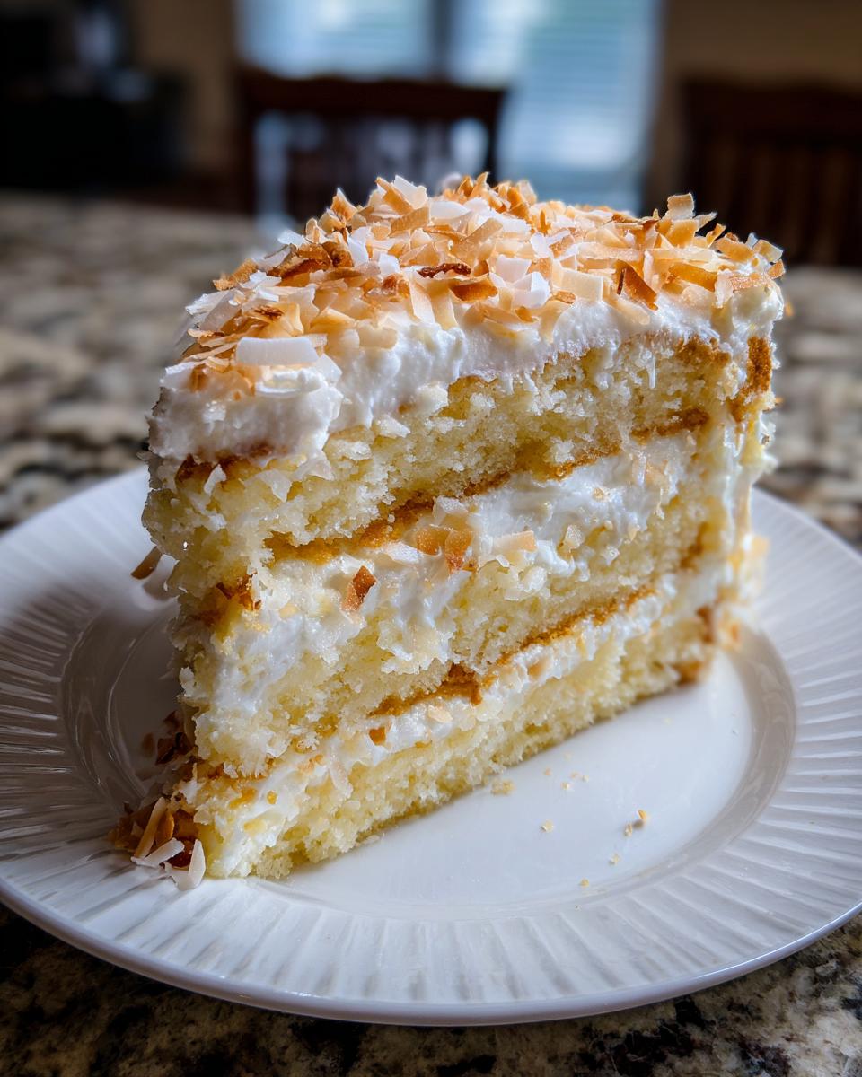 A tall slice of layered coconut cake with white frosting and topped generously with toasted coconut flakes.