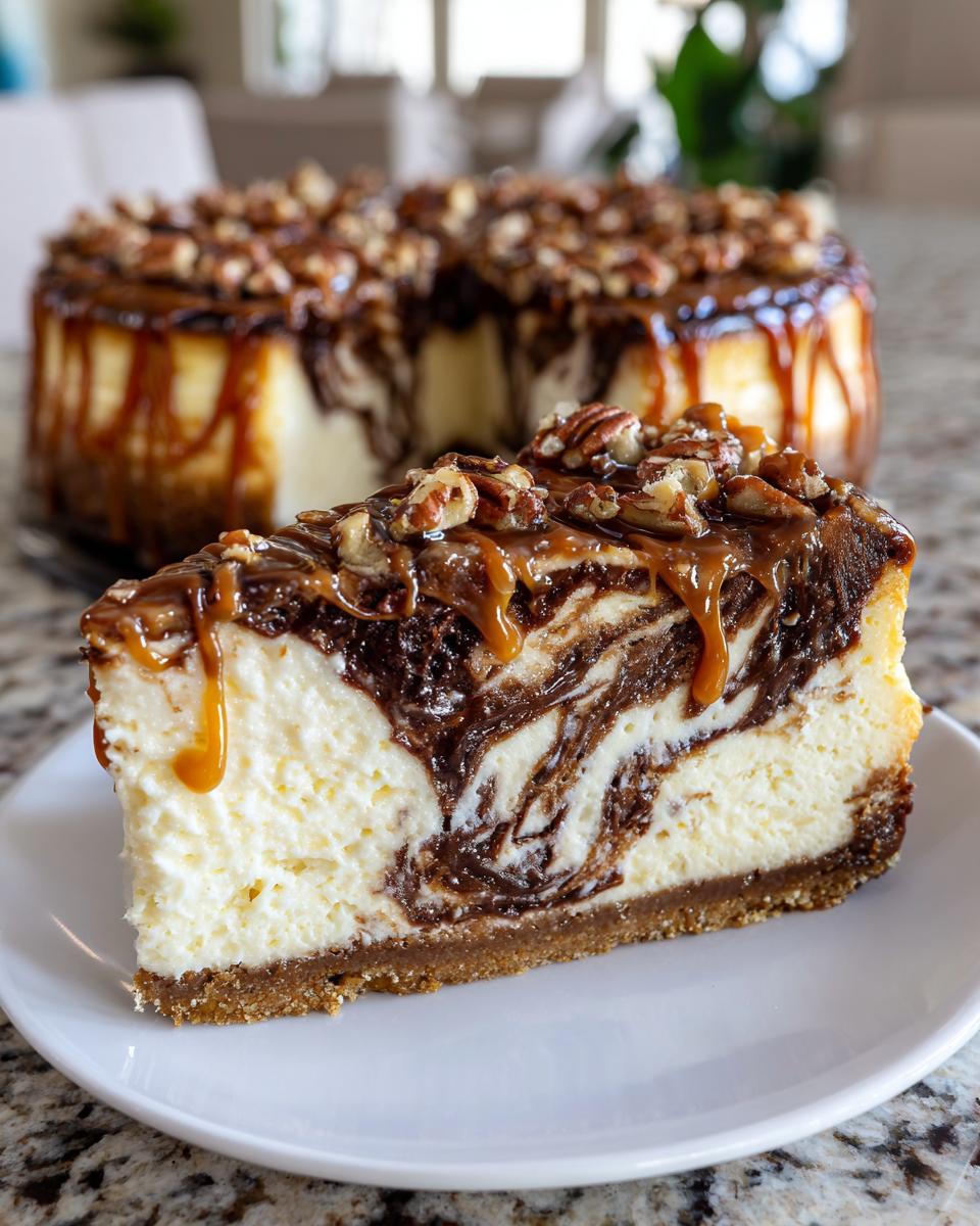 A decadent slice of marbled turtle cheesecake topped with caramel drizzle and pecans, with the rest of the turtle cheesecake in the background.