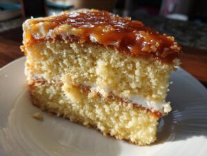 Close-up of a moist slice of yellow layer caramel cake topped with a thick, glossy caramel glaze.