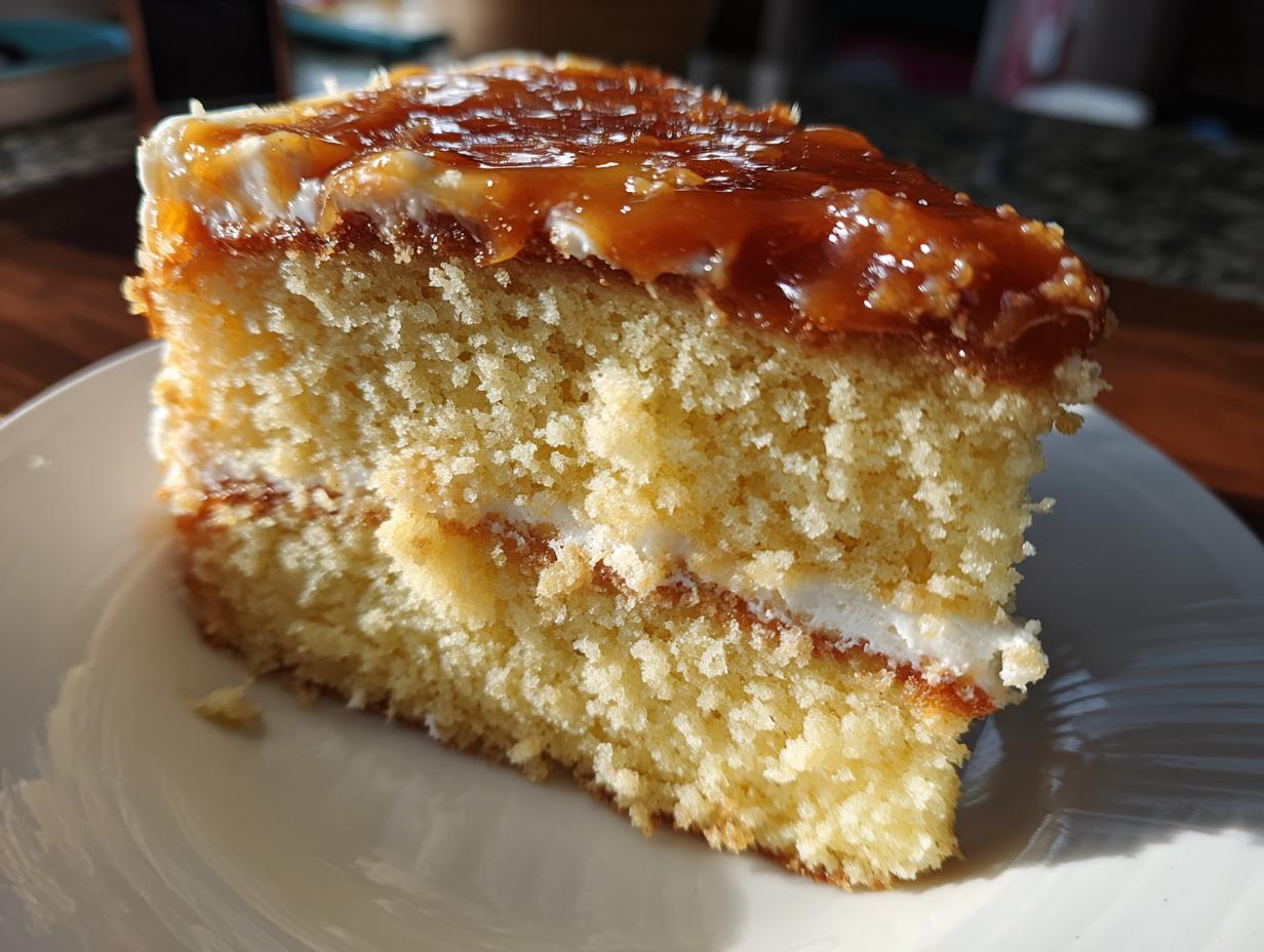 Close-up of a moist slice of yellow layer caramel cake topped with a thick, glossy caramel glaze.