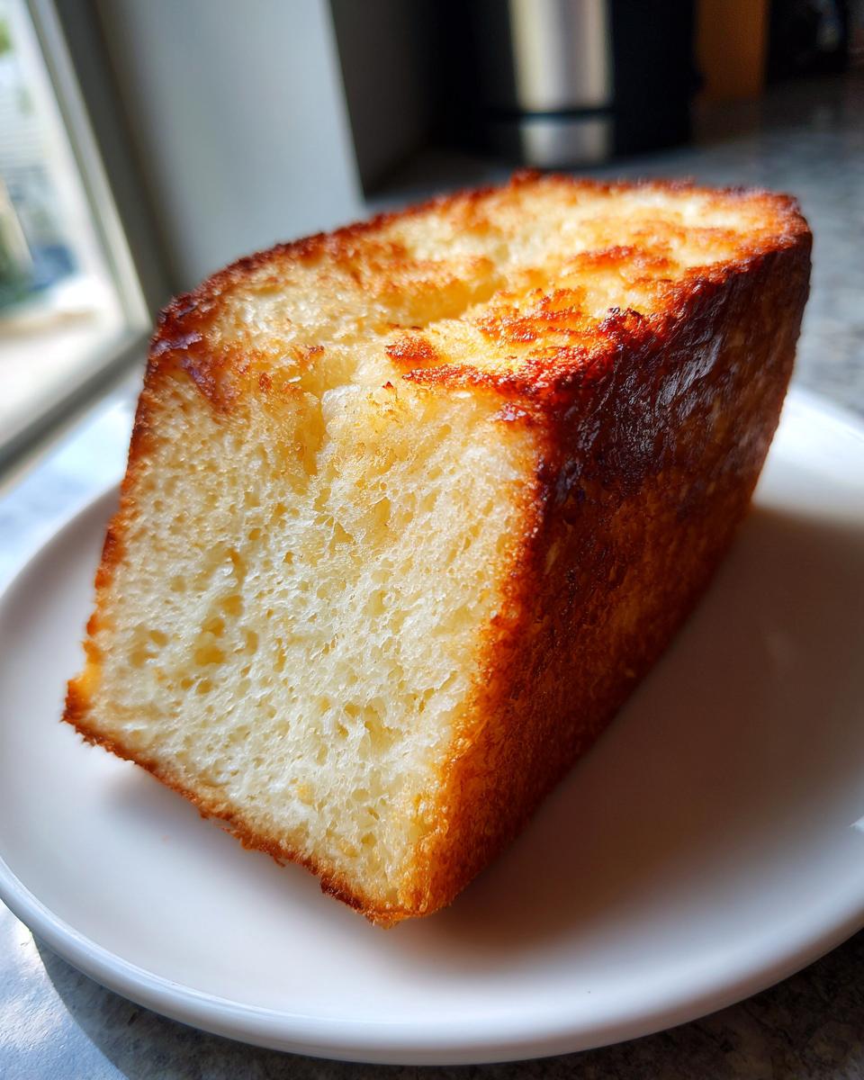 Close-up of a thick slice of fluffy, golden brown 3 ingredient beer bread on a white plate.