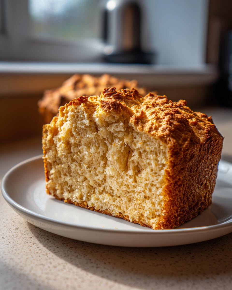 A thick slice of golden brown beer bread with a crumbly top, resting on a white plate.