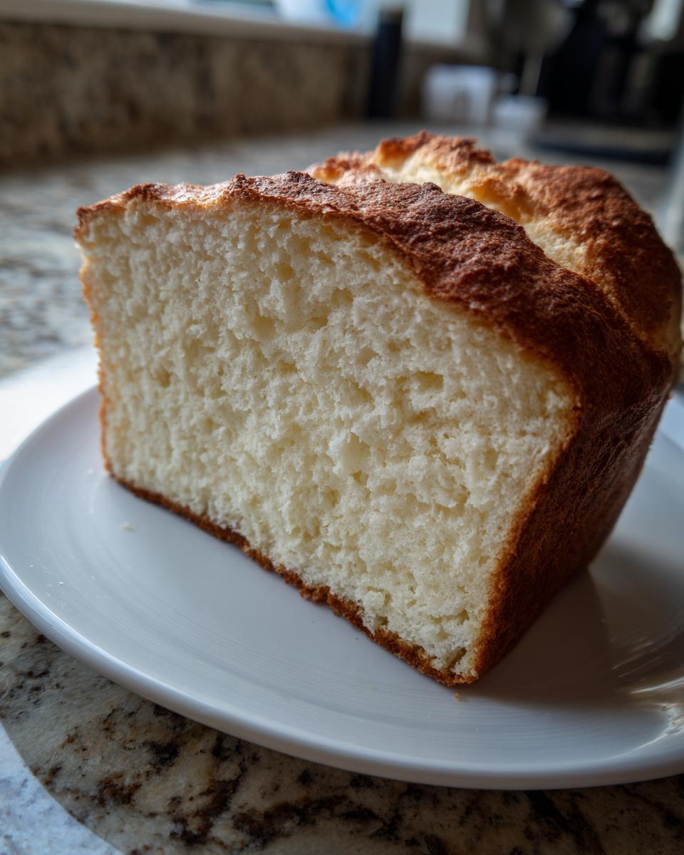 Close-up of a thick slice of fluffy, white beer bread with a golden-brown crust.