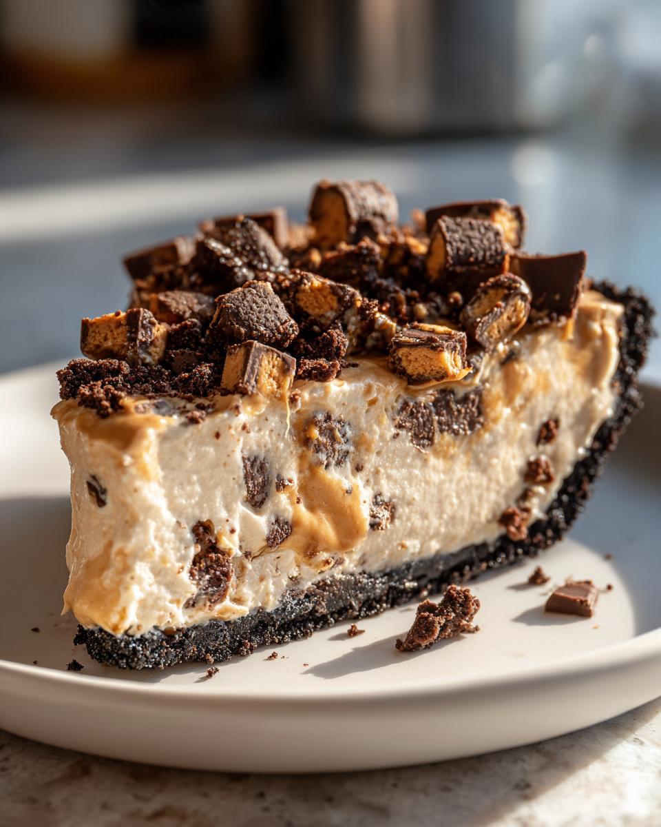 A close-up slice of creamy no-bake butterfinger pie with a dark chocolate crust, topped generously with chopped candy pieces.