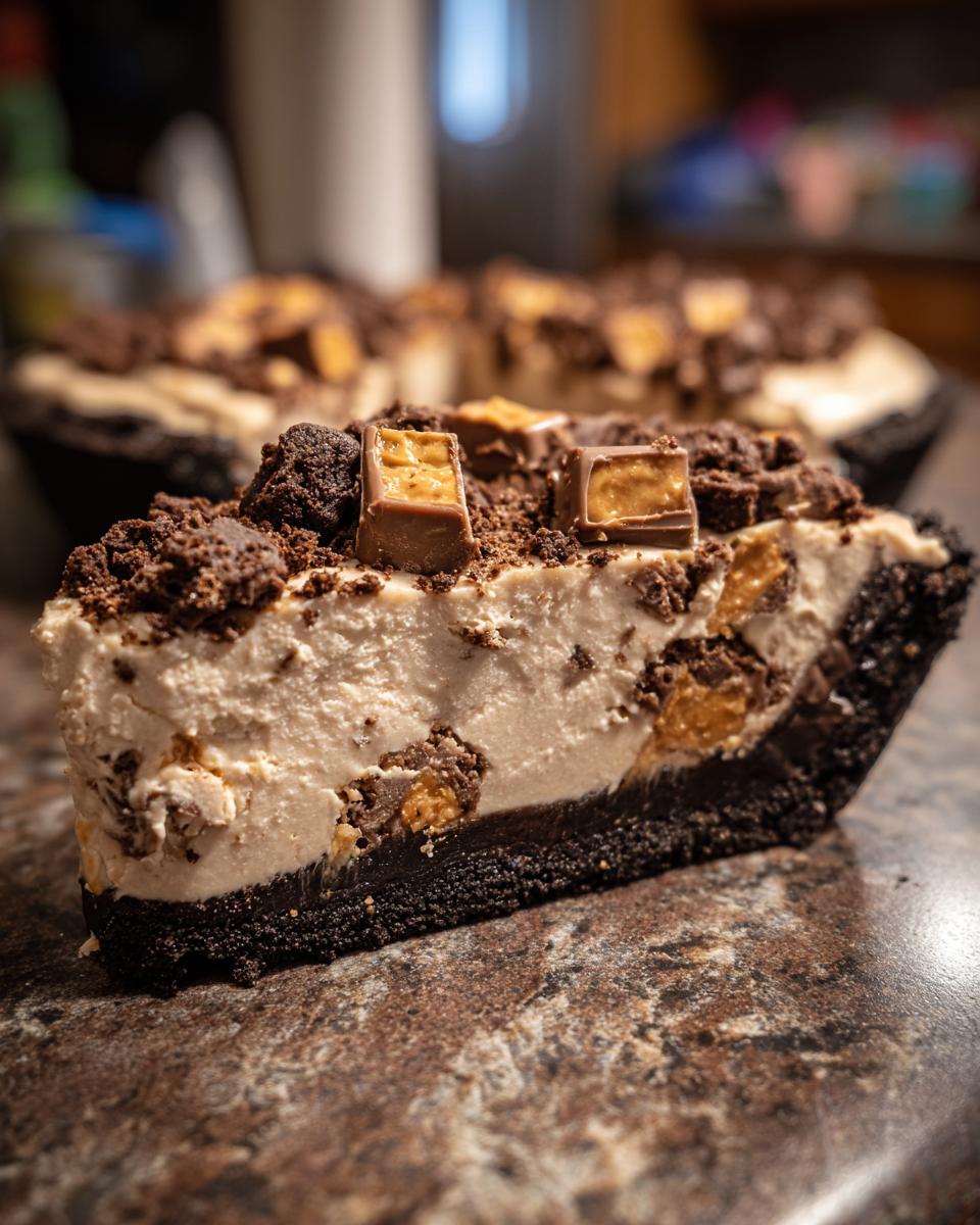 Close-up of a rich slice of butterfinger pie featuring a dark crust, creamy filling, and candy bar pieces on top.