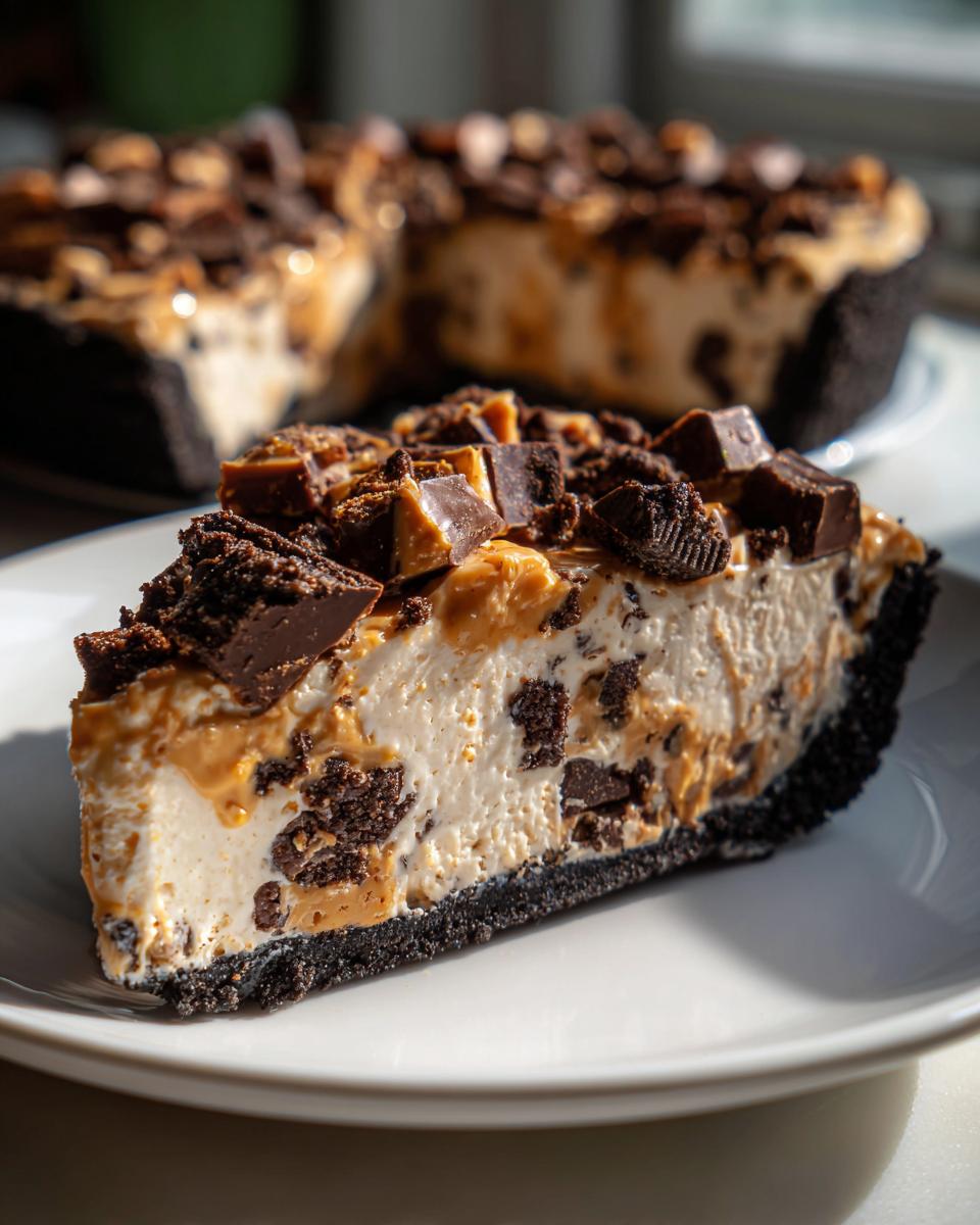 Close-up of a decadent slice of butterfinger pie with a dark chocolate crust, creamy filling, and chunky candy topping.