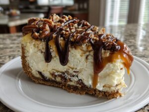 A close-up of a rich slice of turtle cheesecake topped with pecans, caramel, and chocolate sauce dripping down the side.