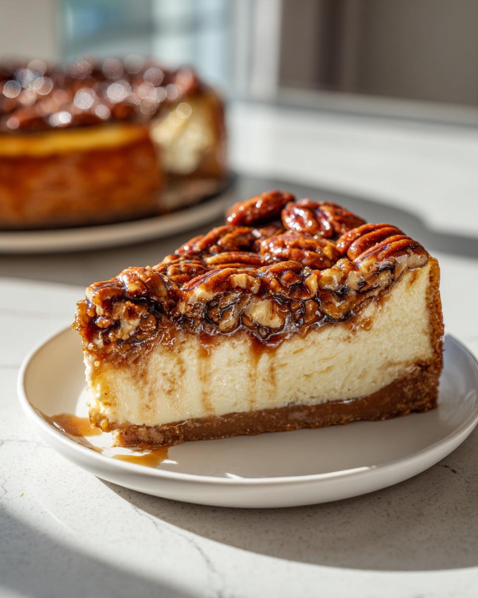 A perfect slice of pecan pie cheesecake topped with glossy pecans and caramel sauce on a white plate.