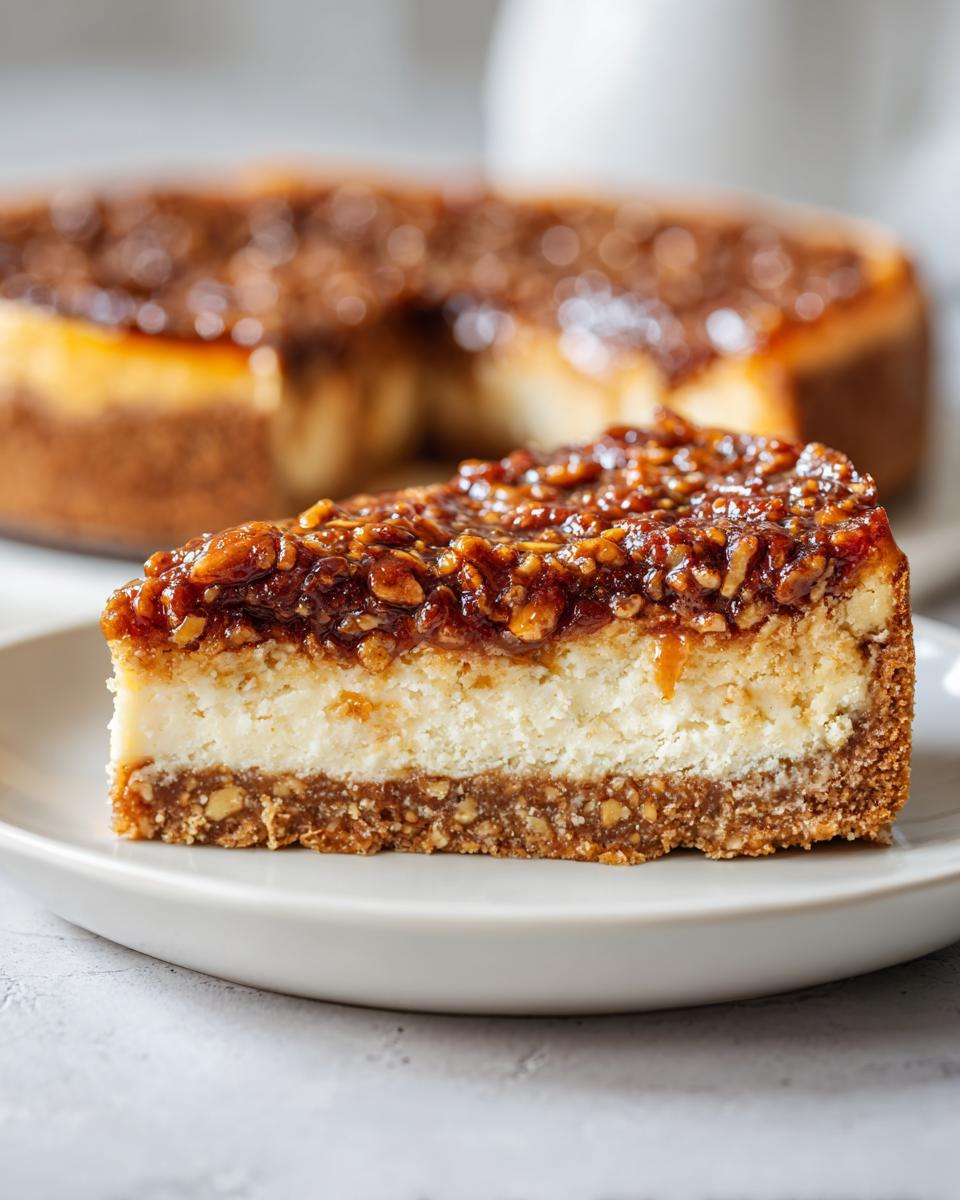 A perfect slice of pecan pie cheesecake showing the graham cracker crust, creamy filling, and sticky pecan topping.