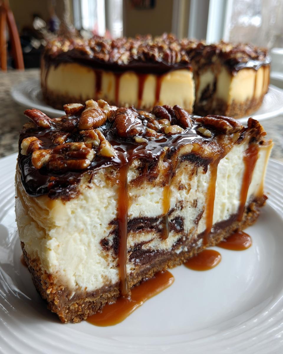 A decadent slice of turtle cheesecake topped with pecans, chocolate, and dripping caramel sauce.