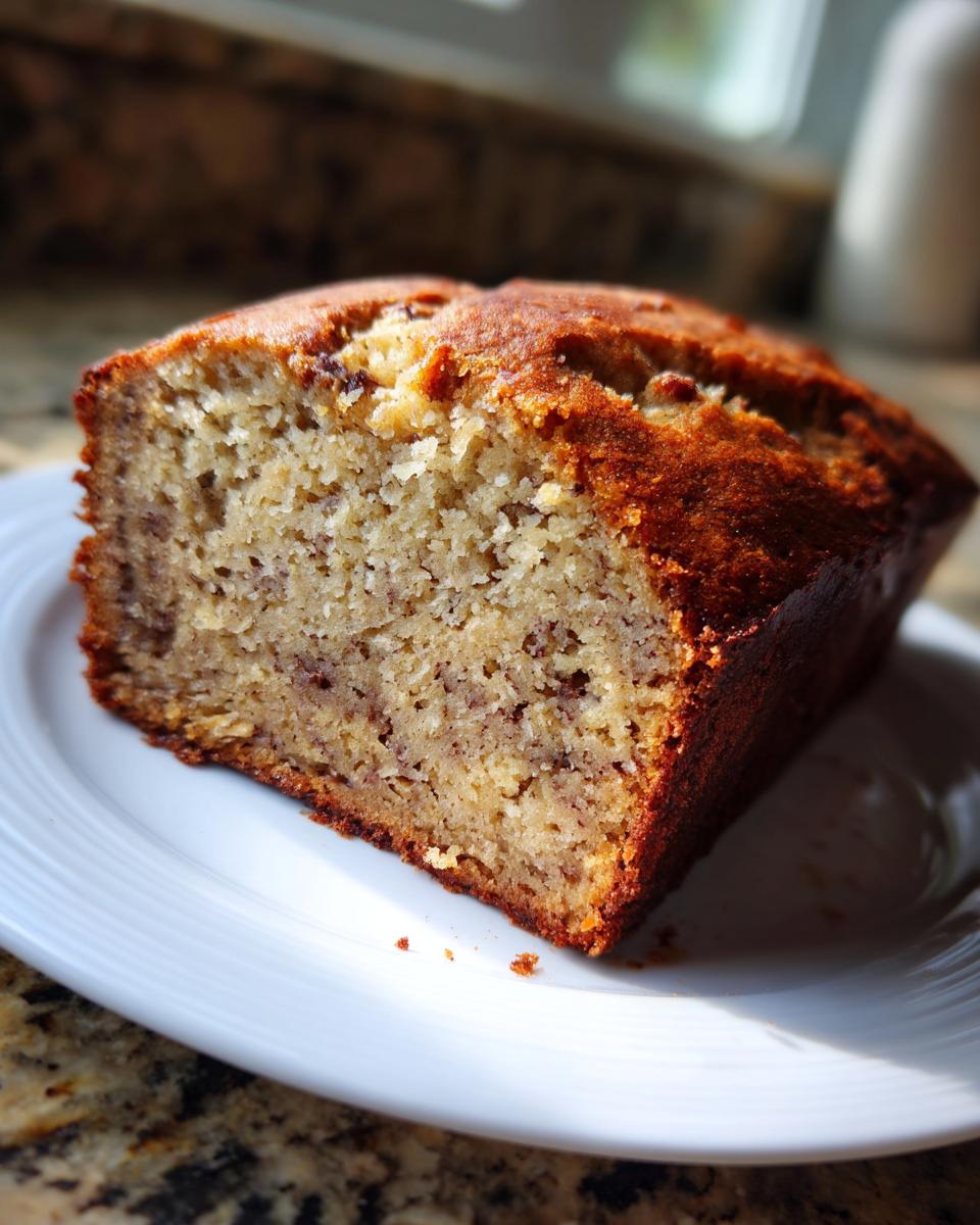 A close-up of a moist slice of vegan banana bread with a golden-brown crust, resting on a white plate.