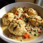 Close-up of a bowl of creamy slow cooker chicken and dumplings topped with fresh parsley.