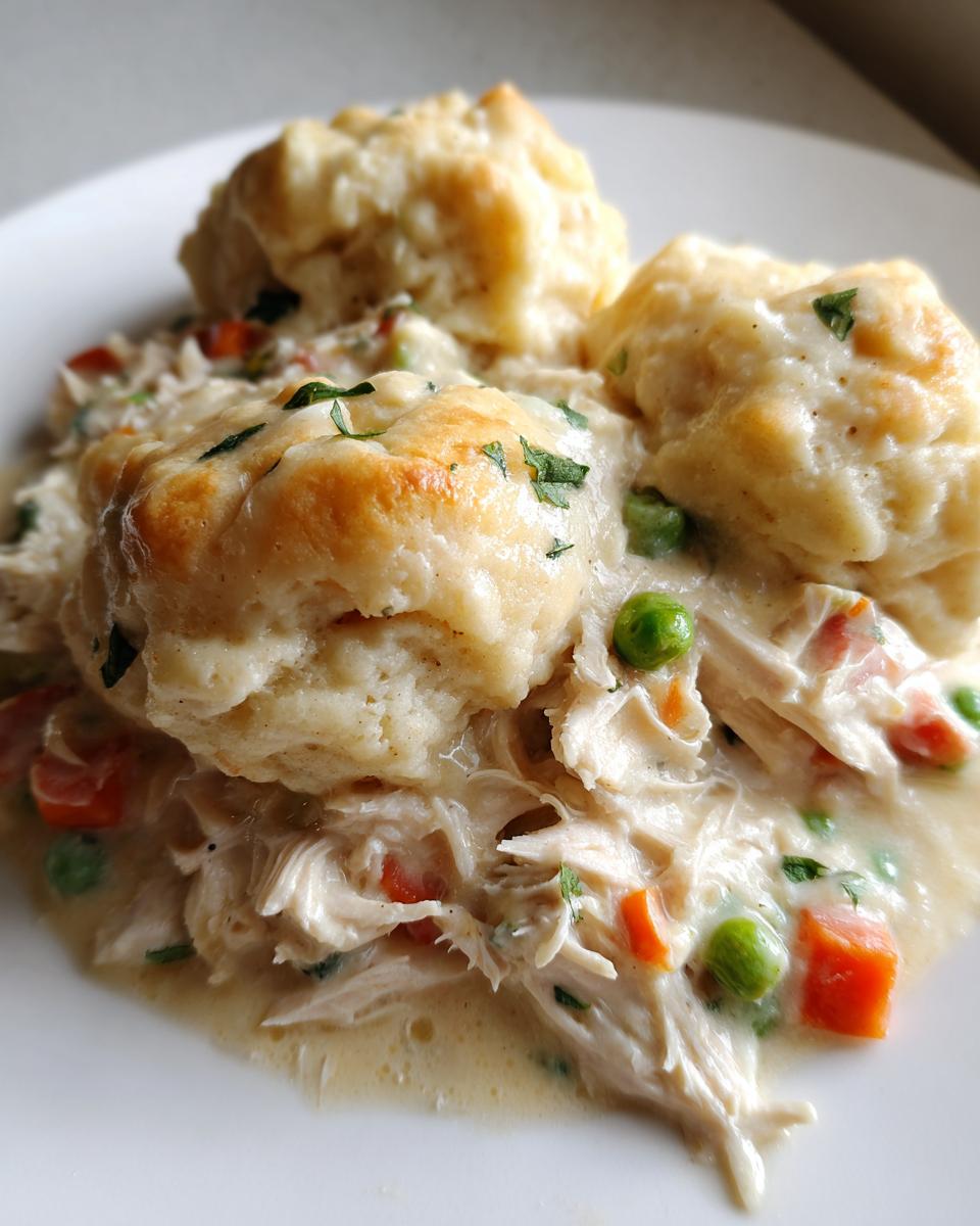 A close-up view of creamy slow cooker chicken and dumplings topped with fluffy biscuits and garnished with parsley.