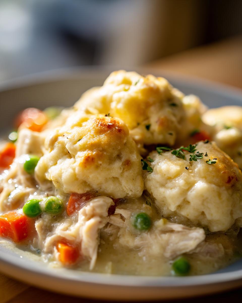 A close-up of creamy slow cooker chicken and dumplings topped with fluffy biscuits, carrots, and peas.