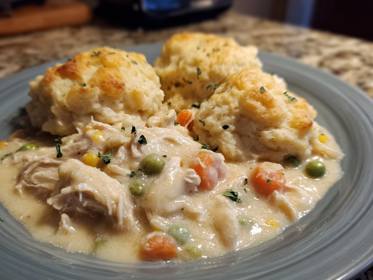 A close-up of a serving of slow cooker chicken and dumplings with shredded chicken, vegetables, and fluffy biscuits on a blue plate.