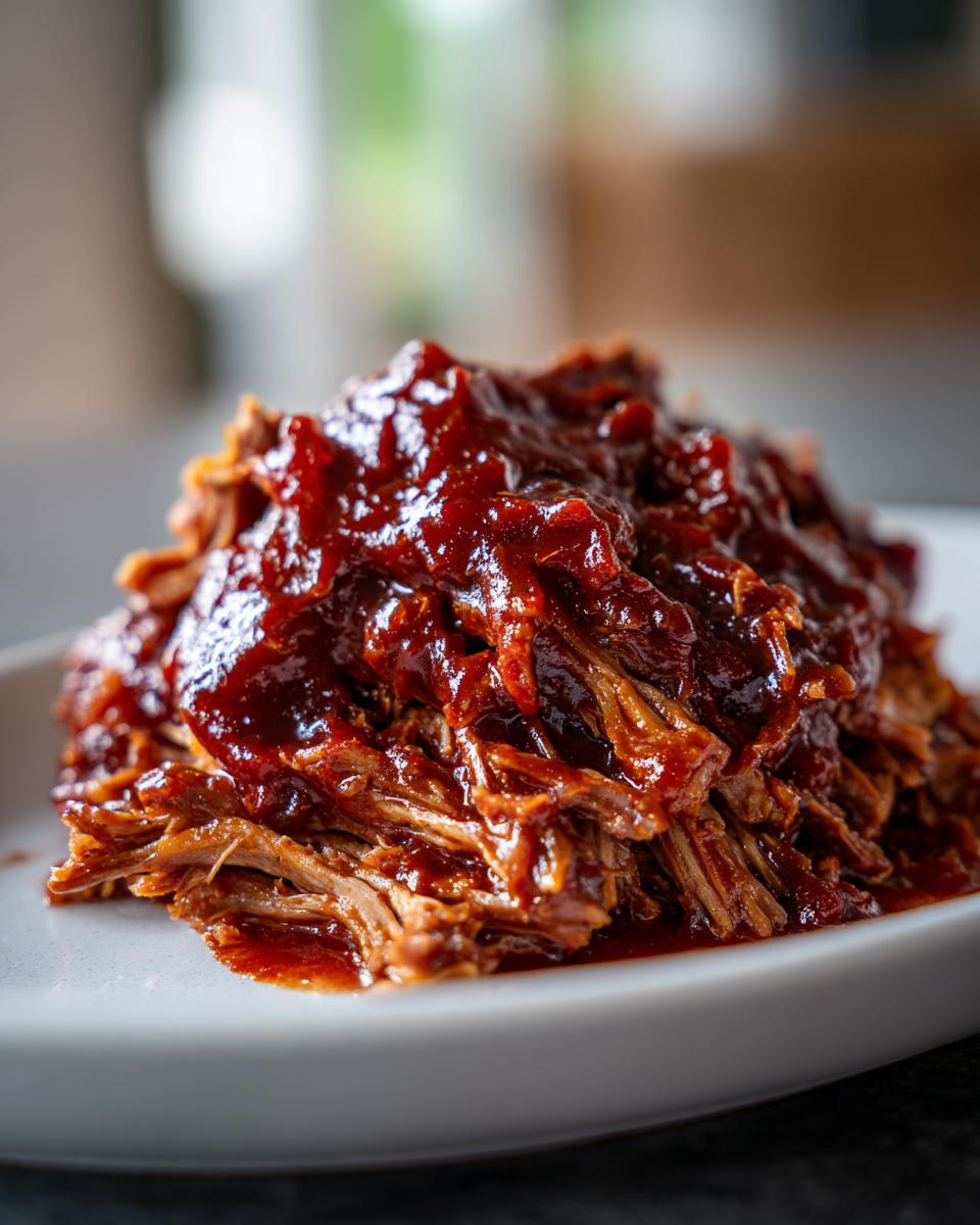 Close-up of shredded, saucy Slow cooker pulled pork piled high on a white plate.
