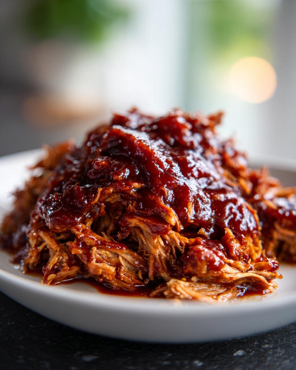 Close-up of tender, shredded Slow cooker pulled pork smothered in rich, dark BBQ sauce on a white plate.