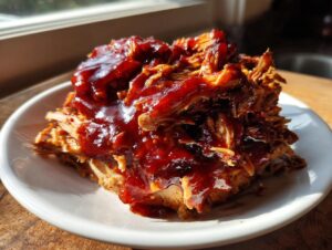 A close-up of shredded Slow cooker pulled pork generously topped with glossy barbecue sauce, served on a white plate.