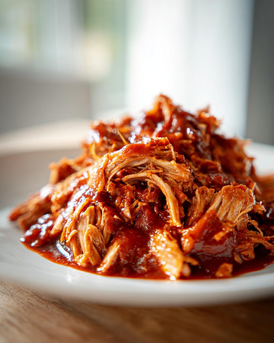 Close-up of tender, shredded Slow cooker pulled pork generously coated in rich barbecue sauce, served on a white plate.