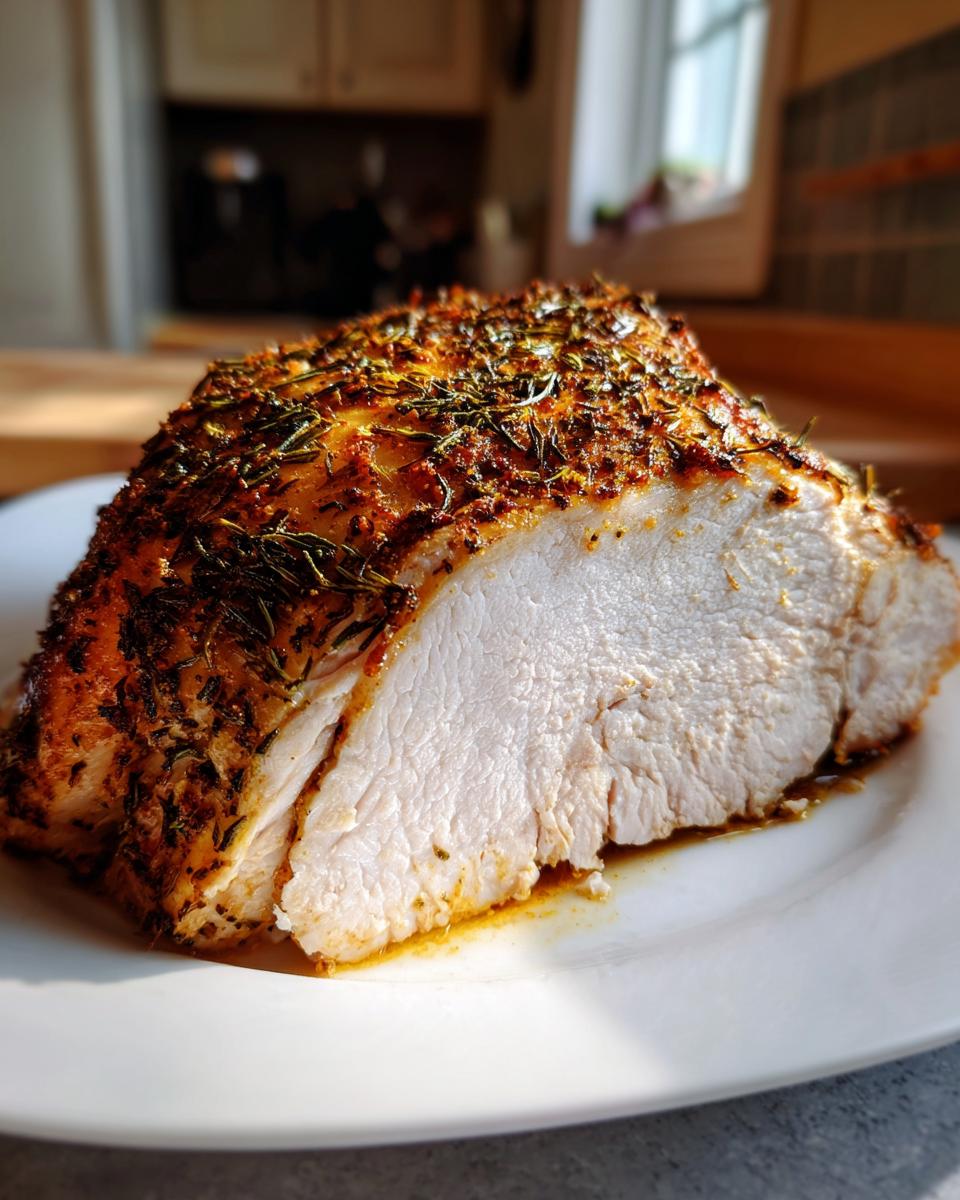 A cross-section of a perfectly cooked slow cooker turkey breast, showing moist white meat and a heavily seasoned, herb-crusted exterior.