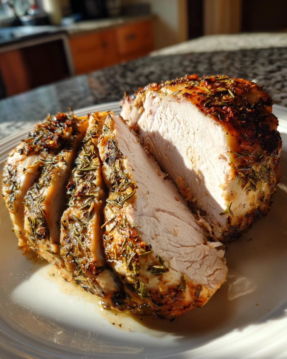 A close-up of a sliced, herb-crusted slow cooker turkey breast resting on a white plate with juices.