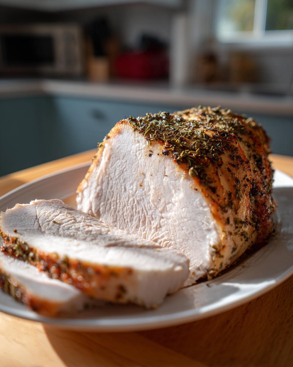 A thick, juicy slow cooker turkey breast, partially sliced, seasoned with herbs on a white plate.