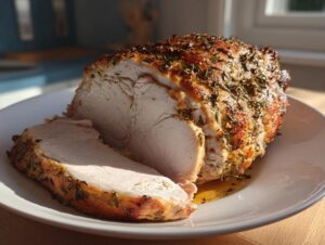 A thick slice cut from a juicy slow cooker turkey breast roast, featuring a golden, herb-crusted exterior.