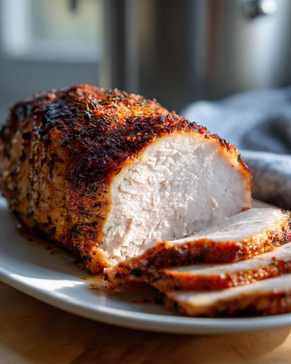 A beautifully browned and sliced slow cooker turkey breast showing moist white meat and a flavorful herb crust.