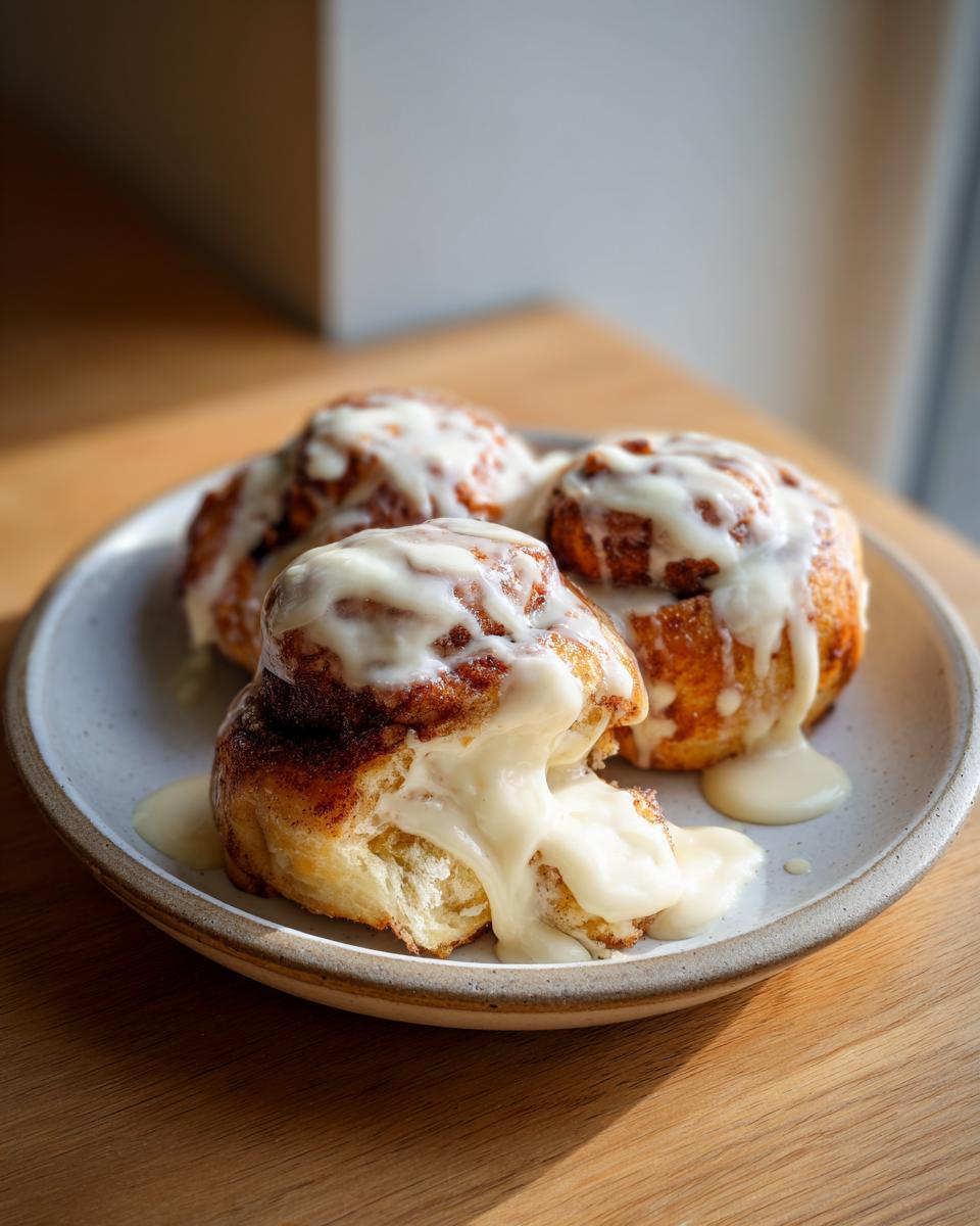 Three gooey small batch cinnamon rolls generously topped with thick white icing, served on a speckled plate.