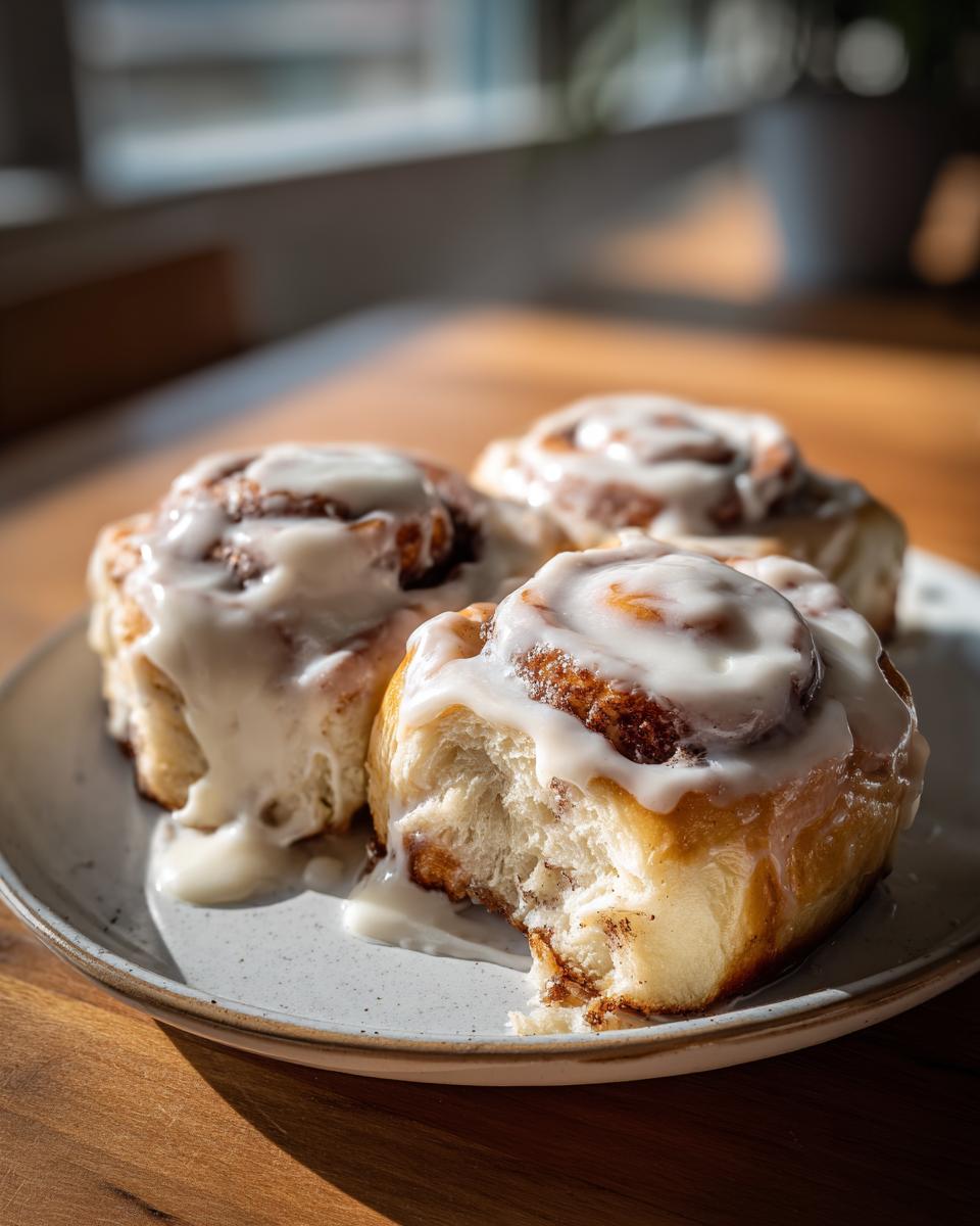 Three fluffy small batch cinnamon rolls generously topped with white icing, served on a light gray plate.