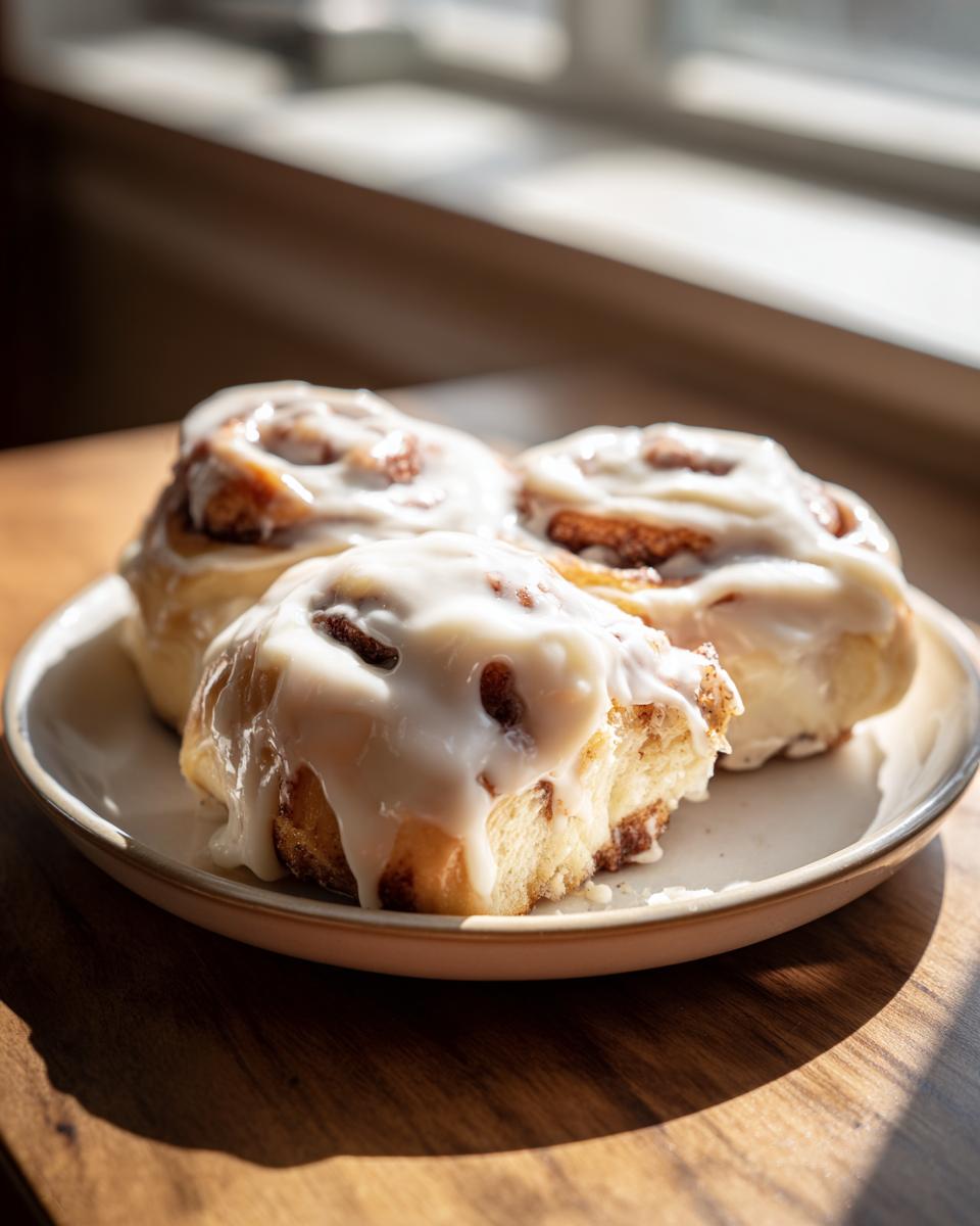 Three freshly baked small batch cinnamon rolls covered in thick white icing, sitting on a small plate near a window.
