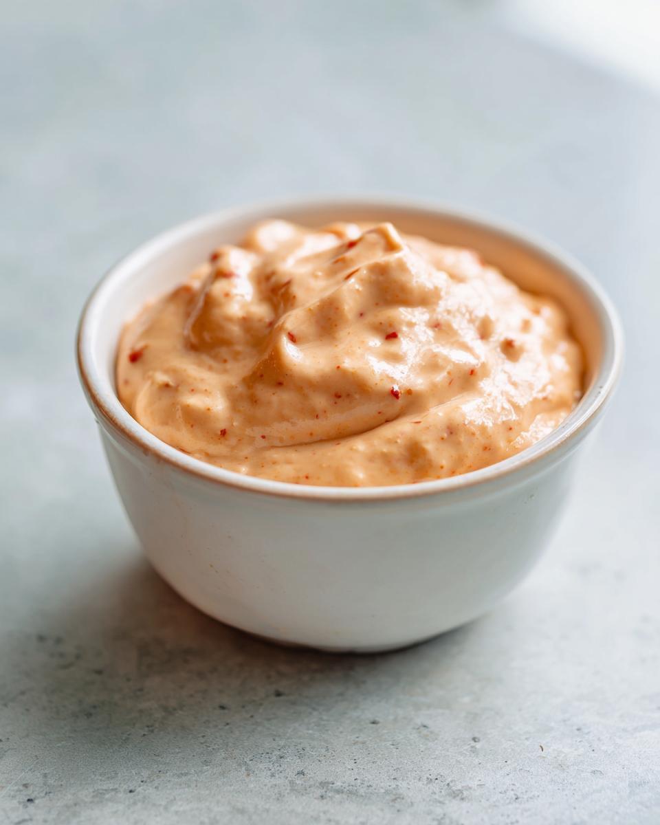 Close-up of a small white bowl filled with creamy, orange-hued smash burger sauce speckled with red spices.