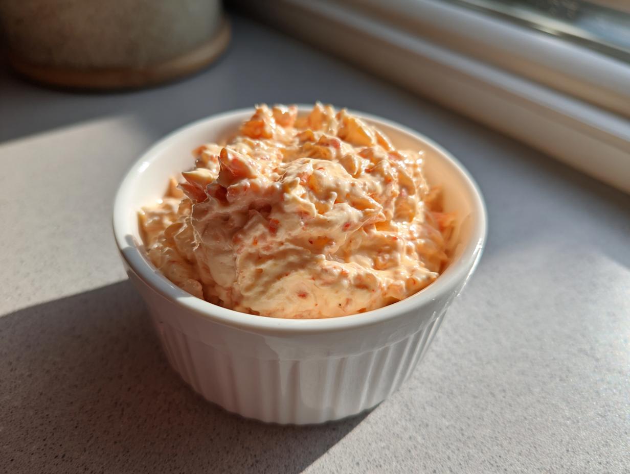A small white ramekin filled with creamy, orange-tinted smash burger sauce, sitting on a light countertop.