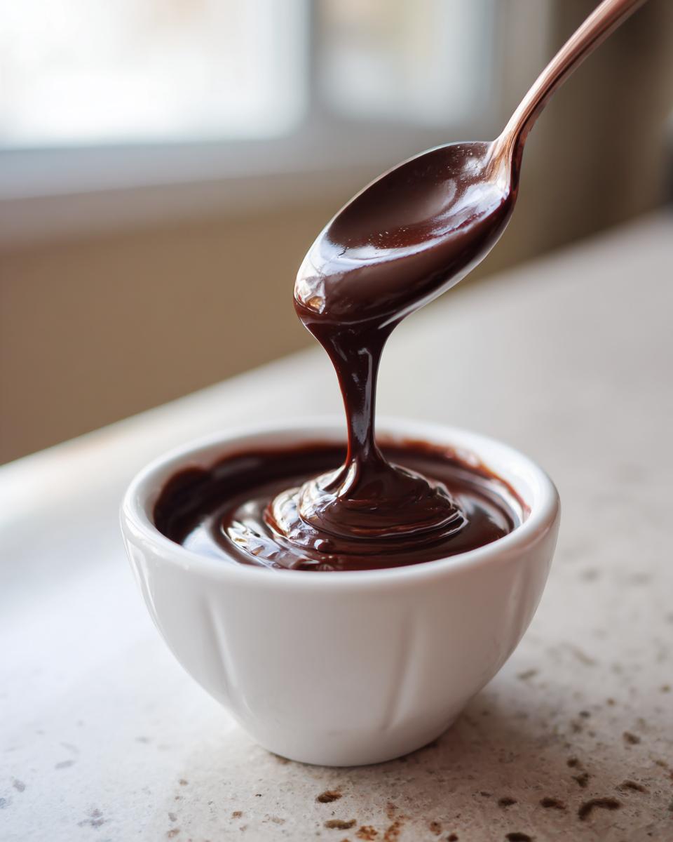 A spoonful of rich, glossy chocolate dip is being poured into a small white bowl.