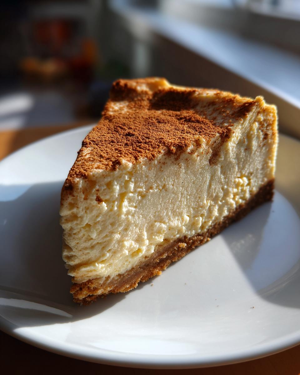 A close-up of a creamy slice of snickerdoodle cheesecake resting on a white plate, dusted heavily with cinnamon.