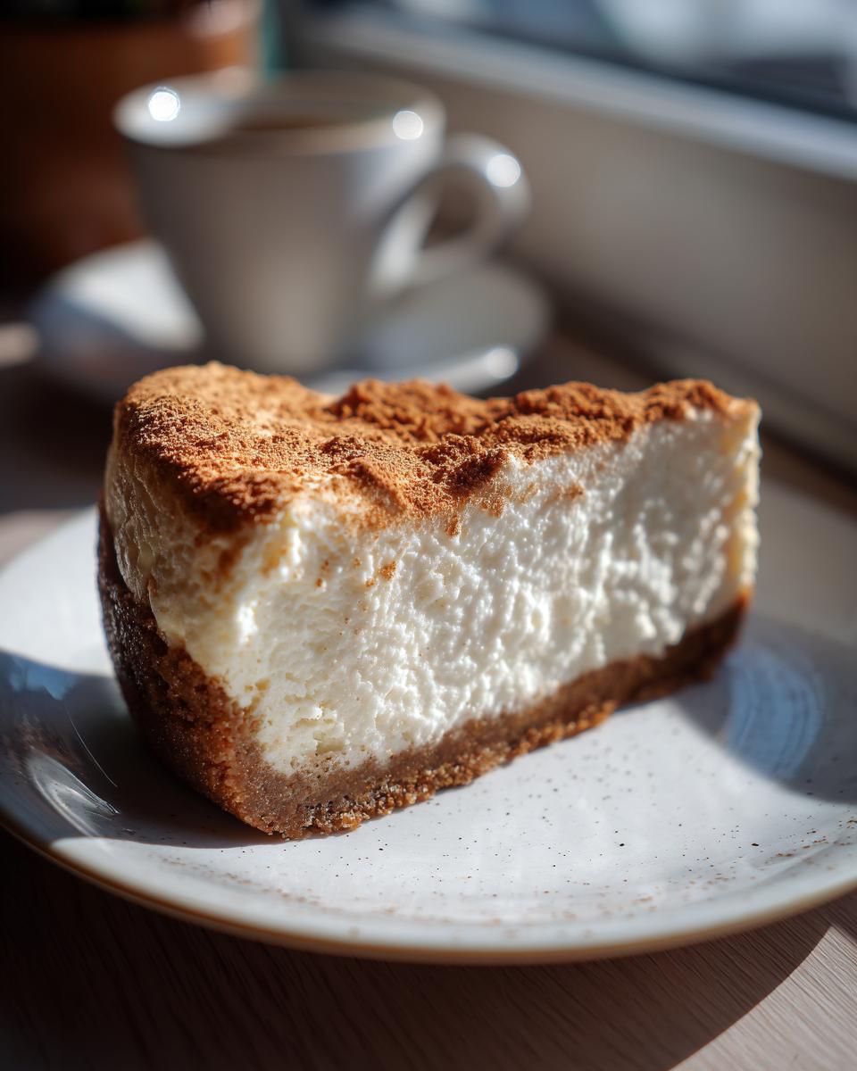A close-up of a thick slice of creamy snickerdoodle cheesecake dusted heavily with cinnamon on a speckled white plate.