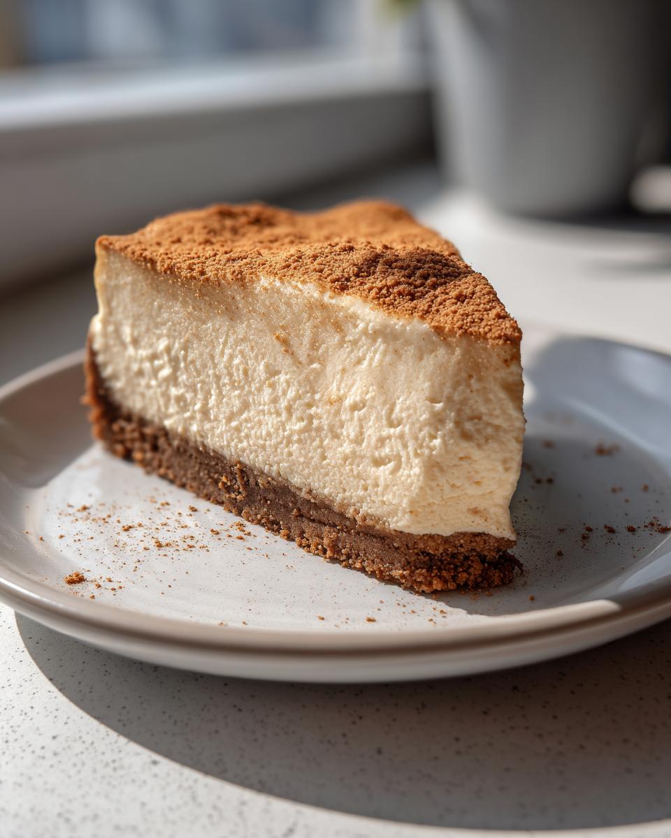 A creamy slice of snickerdoodle cheesecake sits on a light plate, topped generously with cinnamon sugar.