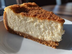 A thick, creamy slice of snickerdoodle cheesecake featuring a graham cracker crust and a cinnamon sugar topping.