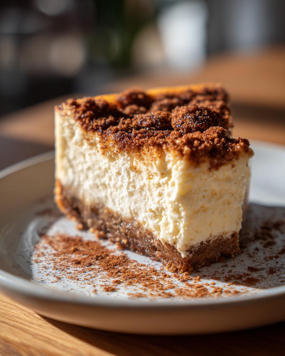 A close-up, sunlit slice of creamy snickerdoodle cheesecake featuring a thick graham cracker crust and cinnamon streusel topping.